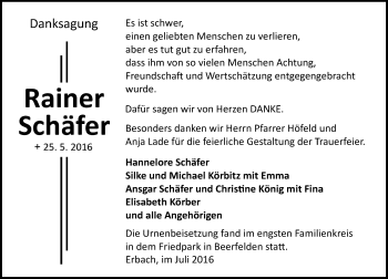 Traueranzeige von Rainer Schäfer von Trauerportal Echo Online