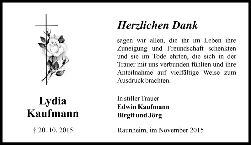  Traueranzeige für Lydia Kaufmann vom 14.11.2015 aus  Mainspitze