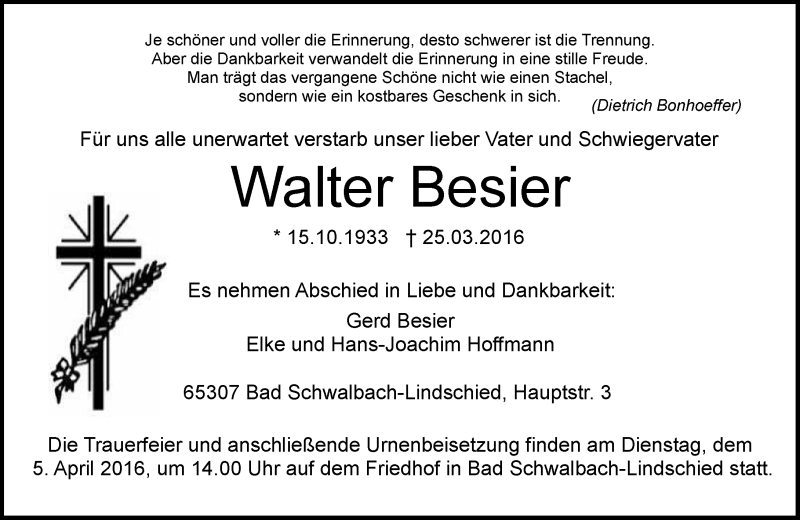  Traueranzeige für Walter Besier vom 02.04.2016 aus  WK-UTA/Aar-Bote