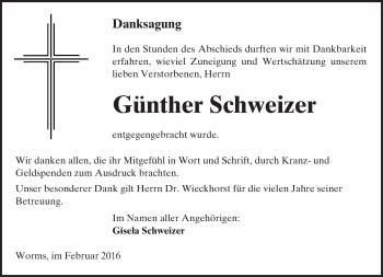 Traueranzeige von Günther Schweizer von  Wormser Zeitung