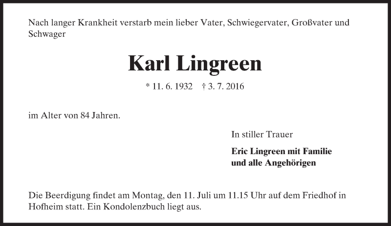  Traueranzeige für Karl Lingreen vom 08.07.2016 aus Trauerportal Echo Online