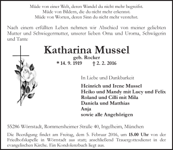 Traueranzeige von Katharina Mussel von  Allgemeine Zeitung Alzey