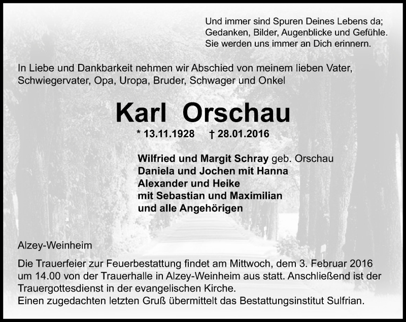  Traueranzeige für Karl Orschau vom 01.02.2016 aus  Allgemeine Zeitung Alzey