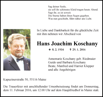 Traueranzeige von Hans Joachim Koschany von  Allgemeine Zeitung Mainz
