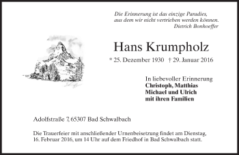 Traueranzeige von Hans Krumpholz von  WK-UTA/Aar-Bote