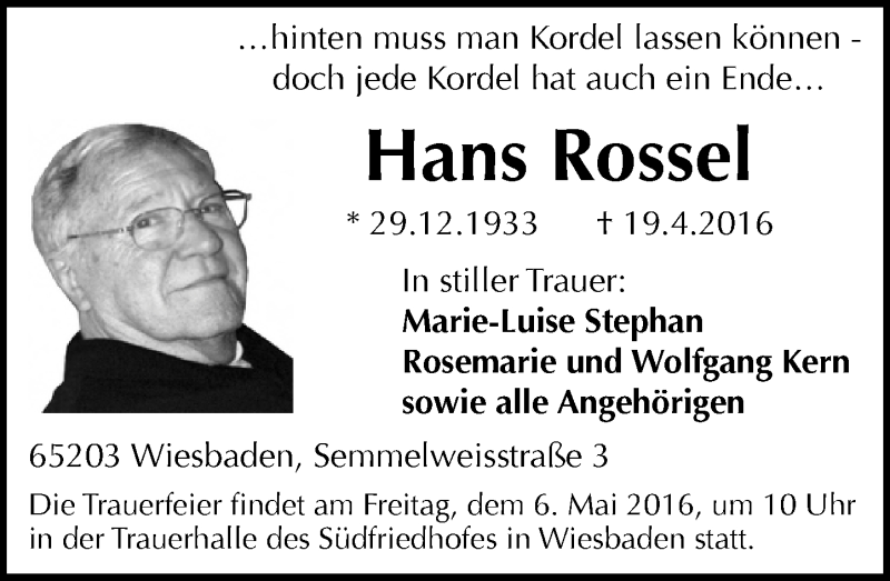  Traueranzeige für Hans Rossel vom 23.04.2016 aus  Wiesbaden komplett