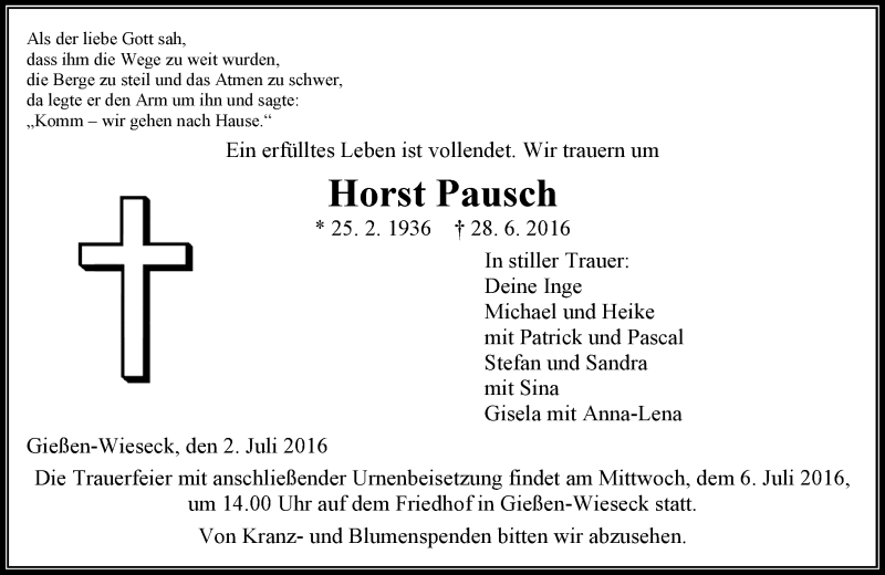  Traueranzeige für Horst Pausch vom 02.07.2016 aus  Gießener Anzeiger