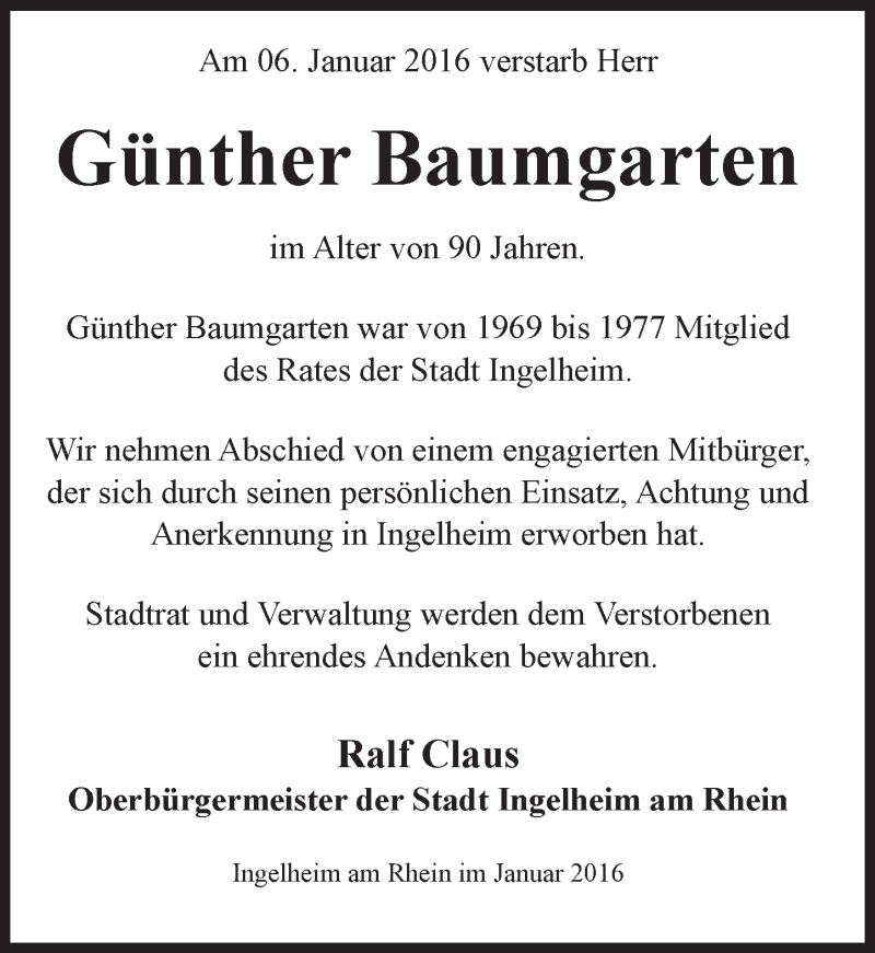  Traueranzeige für Günther Baumgarten vom 12.01.2016 aus  Allgemeine  Zeitung Ingelheim-Bingen