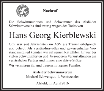 Traueranzeige von Hans Georg Kierblewski von VRM Trauer