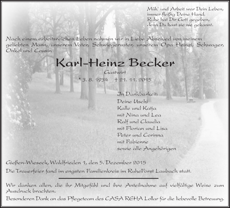  Traueranzeige für Karl-Heinz Becker vom 05.12.2015 aus  Gießener Anzeiger