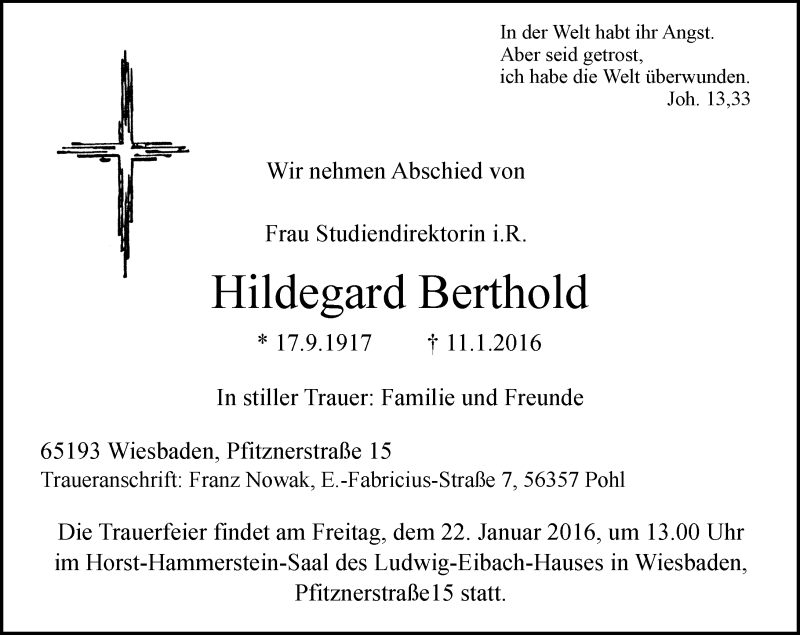  Traueranzeige für Hildegard Berthold vom 16.01.2016 aus  Wiesbaden komplett