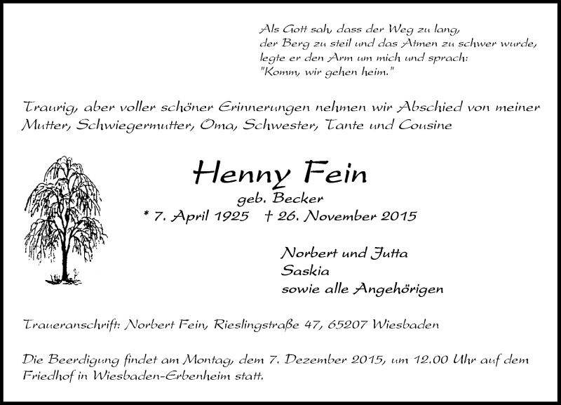  Traueranzeige für Henny Fein vom 02.12.2015 aus  Wiesbaden komplett