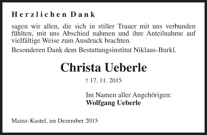  Traueranzeige für Christa Ueberle vom 12.12.2015 aus  Allgemeine Zeitung Mainz