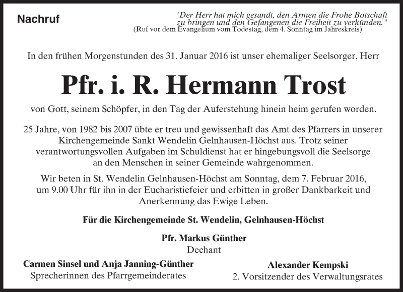  Traueranzeige für Hermann Trost vom 05.02.2016 aus  Gelnhäuser Tageblatt