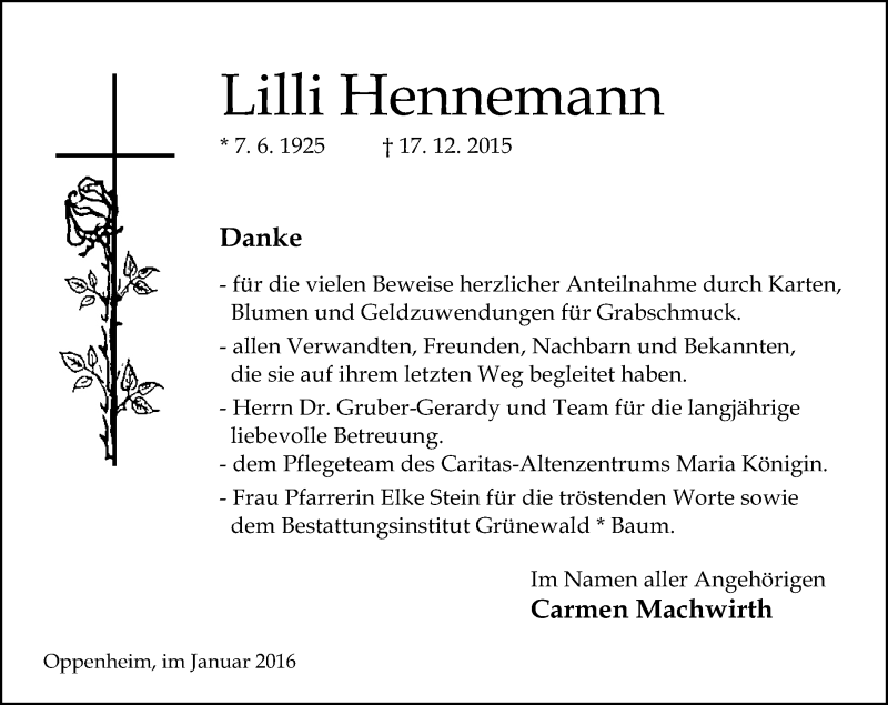  Traueranzeige für Lilli Hennemann vom 16.01.2016 aus  Allgemeine Zeitung Mainz