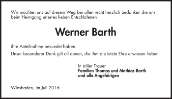 Traueranzeige von Werner Barth von Trauerportal Rhein Main Presse