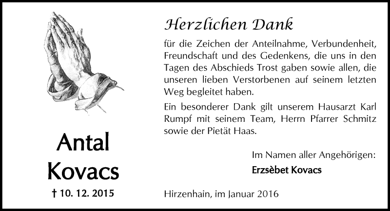  Traueranzeige für Antal Kovacs vom 16.01.2016 aus  Sonntags Anzeiger