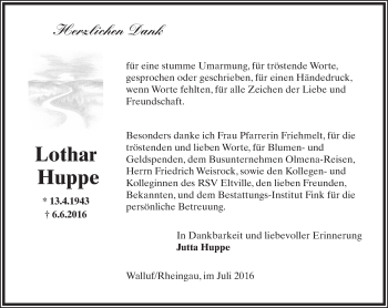 Traueranzeige von Lothar Huppe von Trauerportal Rhein Main Presse