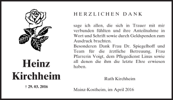 Traueranzeige von Heinz Kirchheim von  Allgemeine Zeitung Mainz