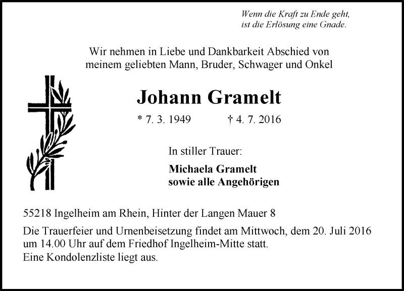  Traueranzeige für Johann Gramelt vom 16.07.2016 aus Trauerportal Rhein Main Presse