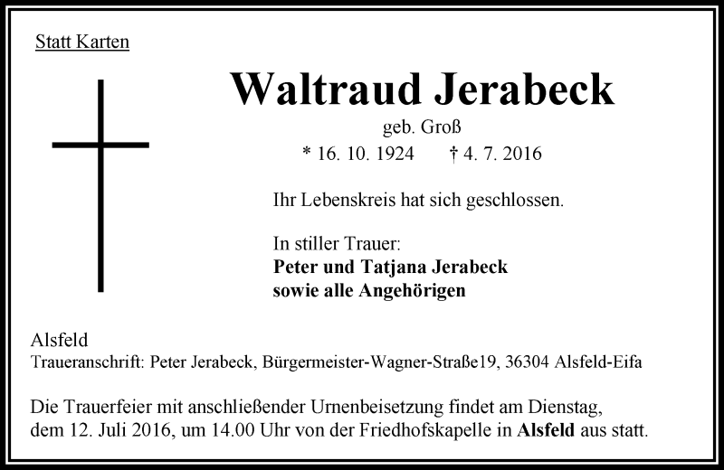  Traueranzeige für Waltraud Jerabeck vom 09.07.2016 aus VRM Trauer