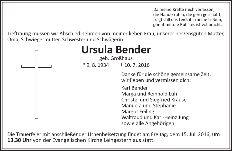  Traueranzeige für Ursula Bender vom 13.07.2016 aus  Gießener Anzeiger