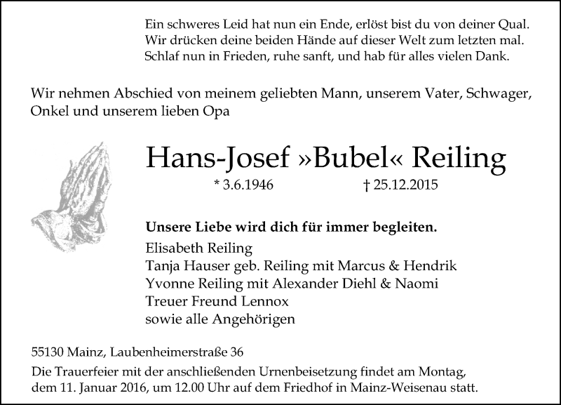  Traueranzeige für Hans-Josef Reiling vom 02.01.2016 aus  Allgemeine Zeitung Mainz