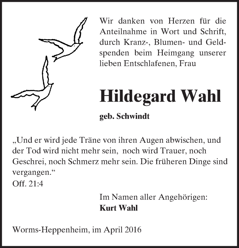  Traueranzeige für Hildegard Wahl vom 08.04.2016 aus  Wormser Zeitung