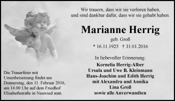 Traueranzeige von Marianne Herrig von  WK-UTA/Aar-Bote