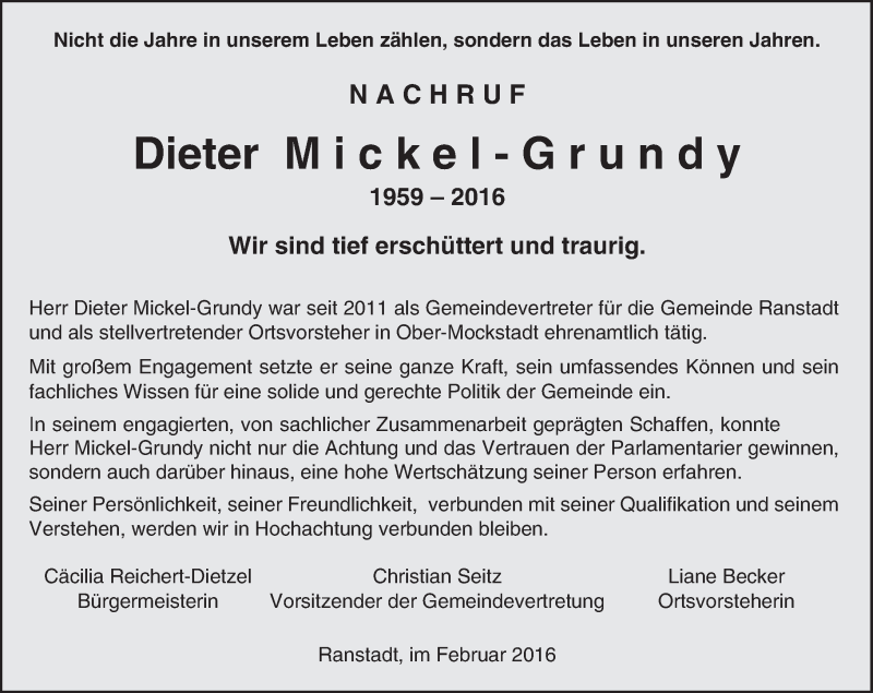  Traueranzeige für Dieter Mickel-Grundy vom 19.02.2016 aus  Kreisanzeiger
