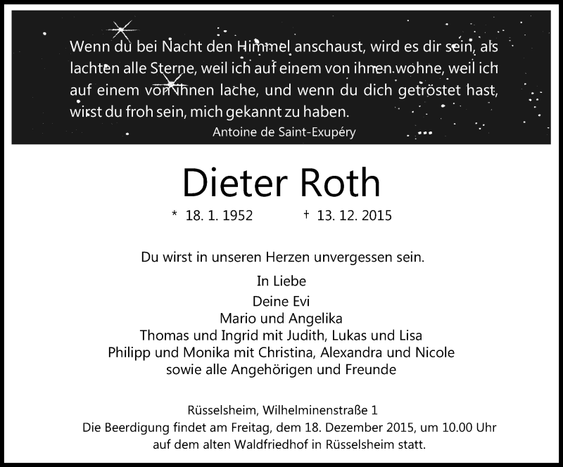  Traueranzeige für Dieter Roth vom 16.12.2015 aus  Mainspitze