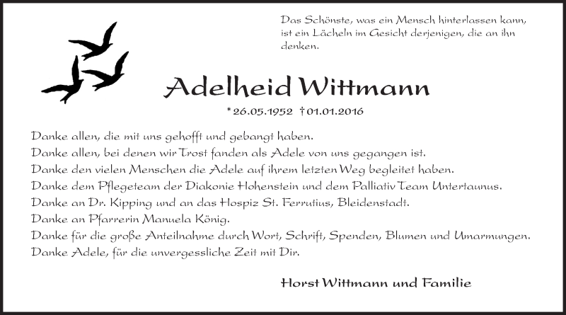  Traueranzeige für Adelheid Wittmann vom 23.01.2016 aus  WK-UTA/Aar-Bote