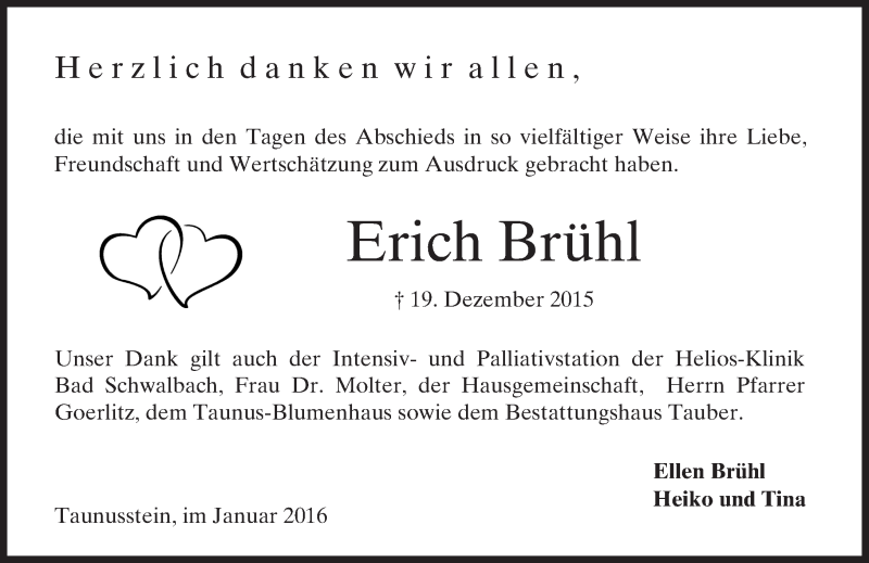  Traueranzeige für Erich Brühl vom 16.01.2016 aus  Wiesbaden komplett