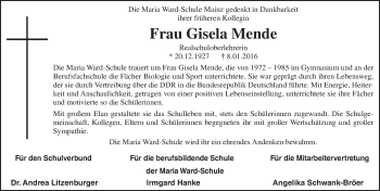 Traueranzeige von Gisela Mende von trauer.rmp.de