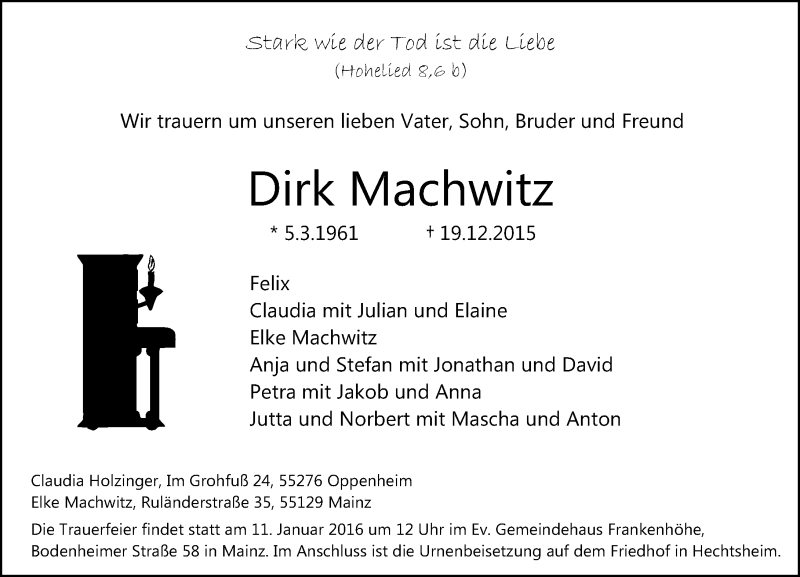  Traueranzeige für Dirk Machwitz vom 02.01.2016 aus  Allgemeine Zeitung Mainz