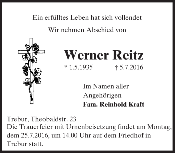Traueranzeige von Werner Reitz von Trauerportal Echo Online