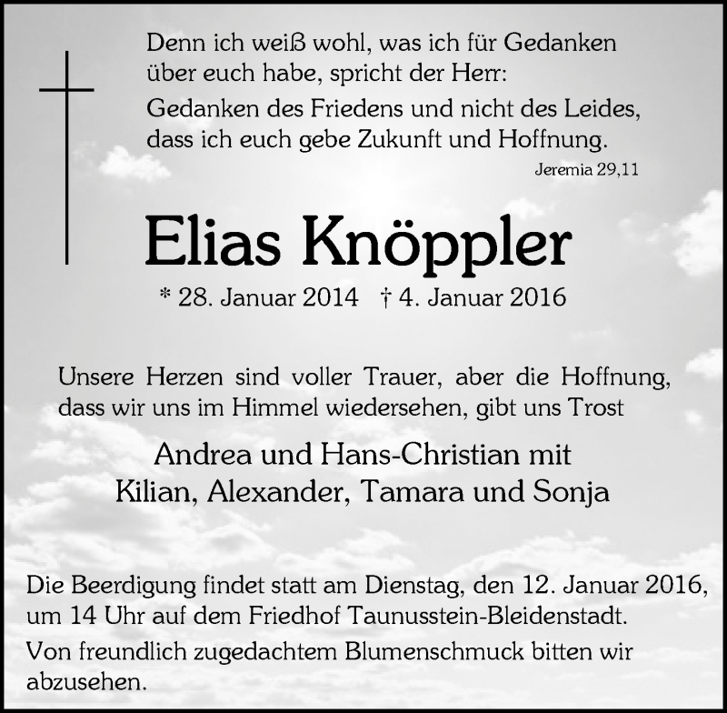  Traueranzeige für Elias Knöppler vom 08.01.2016 aus  Wiesbaden komplett