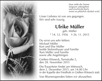 Traueranzeige von Ulrike Müller von  Gießener Anzeiger