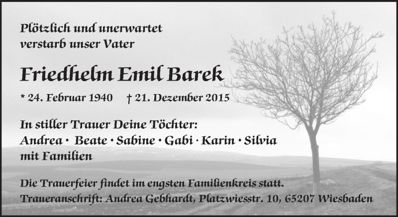  Traueranzeige für Friedhelm Emil Barek vom 06.01.2016 aus  Wiesbaden komplett