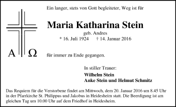 Traueranzeige von Maria Katharina Stein von  Allgemeine  Zeitung Ingelheim-Bingen