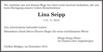 Traueranzeige von Lina Seipp von  Gießener Anzeiger
