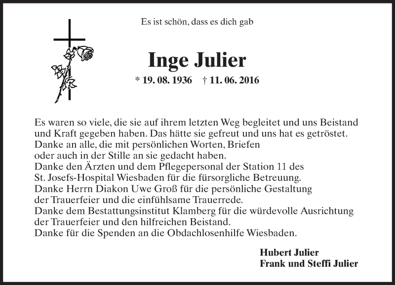  Traueranzeige für Inge Julier vom 02.07.2016 aus Trauerportal Rhein Main Presse