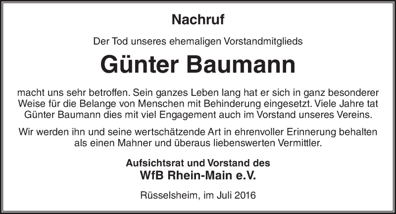  Traueranzeige für Günter Baumann vom 12.07.2016 aus Trauerportal Rhein Main Presse