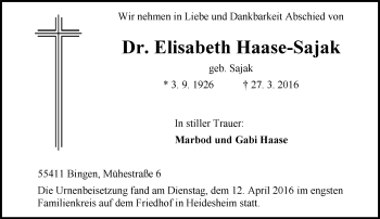 Traueranzeige von Elisabeth Haase-Sajak von  Allgemeine  Zeitung Ingelheim-Bingen