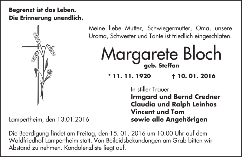  Traueranzeige für Margarete Bloch vom 13.01.2016 aus  Bürstädter Zeitung