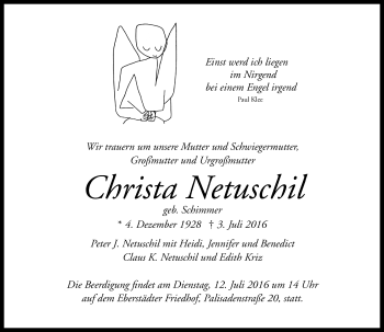 Traueranzeige von Christa Netuschil von Trauerportal Echo Online