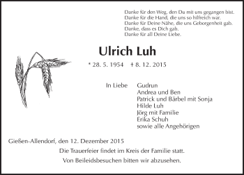Traueranzeige von Ulrich Luh von  Gießener Anzeiger