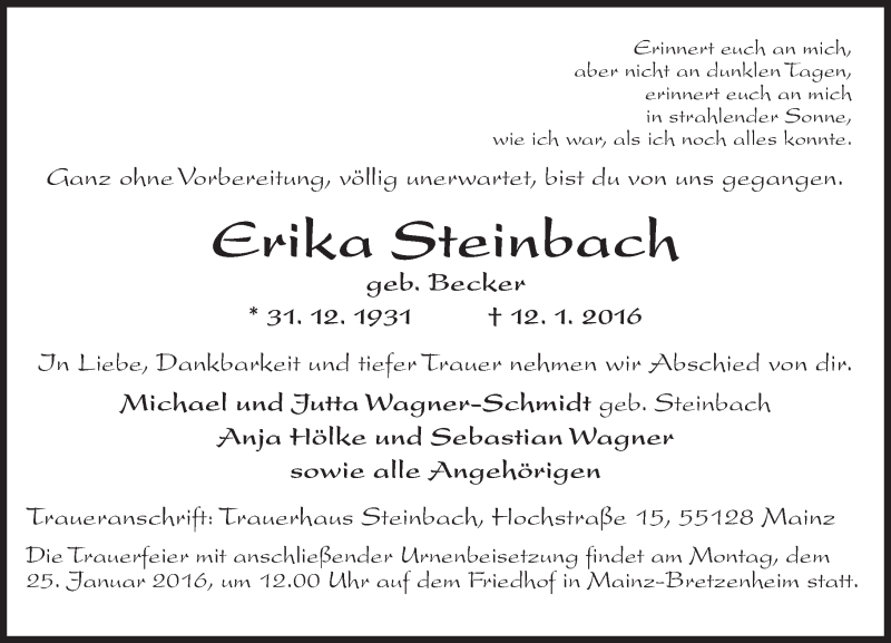  Traueranzeige für Erika Steinbach vom 20.01.2016 aus  Allgemeine Zeitung Mainz
