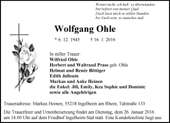 Traueranzeige von Wolfgang Ohle von  Allgemeine  Zeitung Ingelheim-Bingen