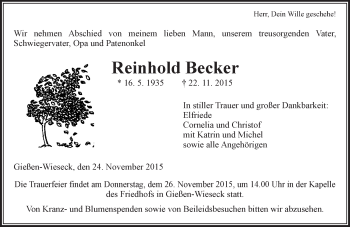 Traueranzeige von Reinhold Becker von  Gießener Anzeiger